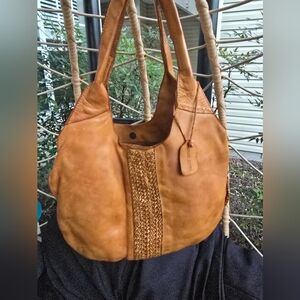 Brown Leather Hobo Style Handbag with Leather Braiding down the front